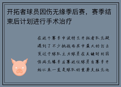 开拓者球员因伤无缘季后赛，赛季结束后计划进行手术治疗